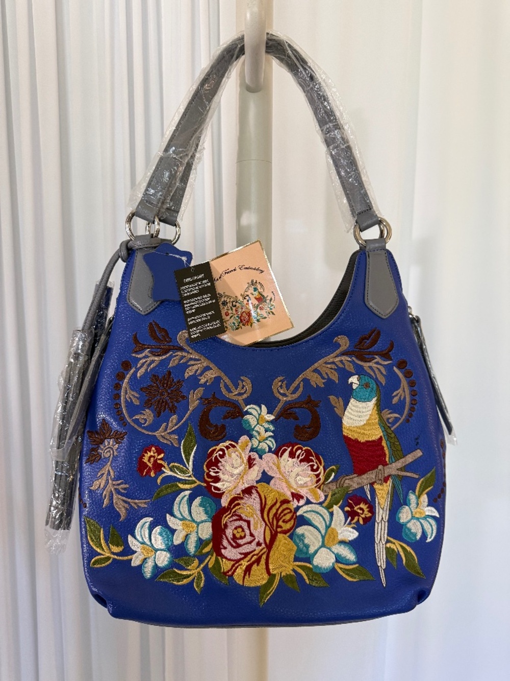 NWT Sharif Leather Embroidered Parrot Floral Shoulder Bag Dust Bag